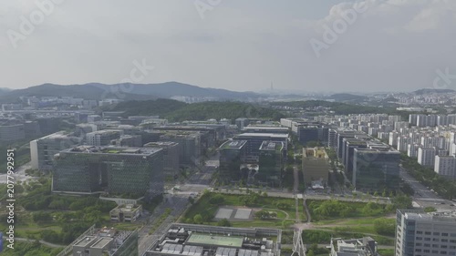 Aerial Drone View of Pangyo Techno Valley IT Industrial Complex and Cityscape in Seongnam, South Korea