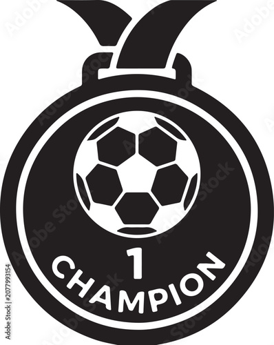Soccer Champion Medal Icon, Football Winner Medal Solid Black Vector.