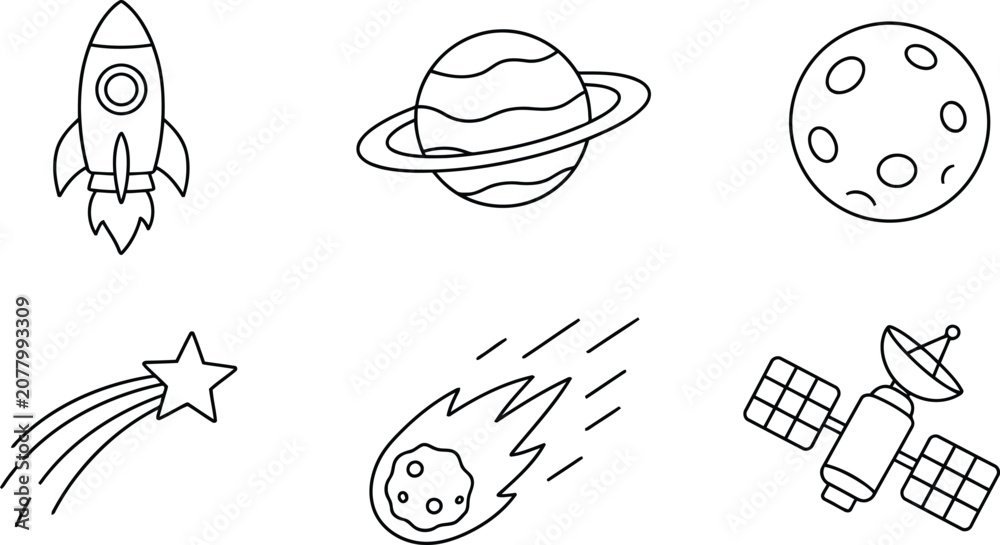 Obraz premium Set of space icons including rocket planet moon star comet and satellite line drawings