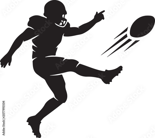 Professional solid black American football player kicking ball silhouette icon featuring an athlete in full protective gear with a flying football and motion lines. Clean minimalist glyph vector ideal