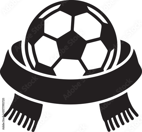 Football Fan Scarf Icon with Soccer Ball, Solid Black Supporter Vector.
