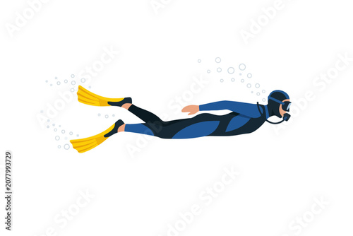 Scuba diver swimming with fins isolated on white background