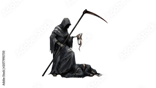 Foto Mysterious hooded figure kneeling with scythe and red rose Vector