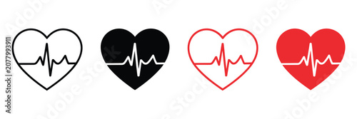 Obraz na płótnie Heartbeat Icon Set With Red And Black Pulse Line, Heart Shape Symbols For Medical Apps, Healthcare Websites, Cardiology Monitoring And Wellness Vector Illustration