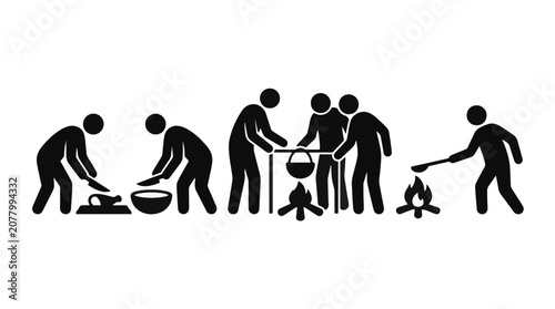Black silhouette stick figures depicting ancient tribal people preparing food, cutting ingredients, and cooking over open campfires on a plain white background, communal survival concept.
