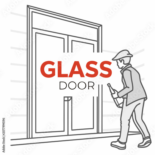 Glass door with a person carrying a bottle door handle door knob door lock door hinge