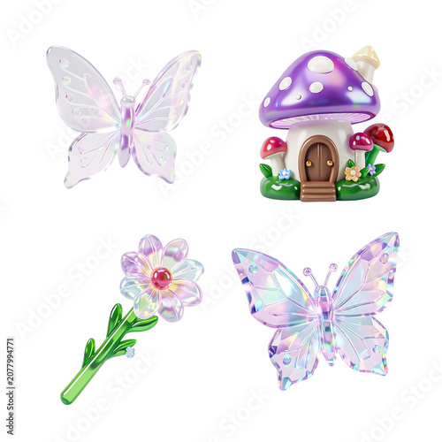 3D iridescent fantasy butterfly and mushroom house elements set