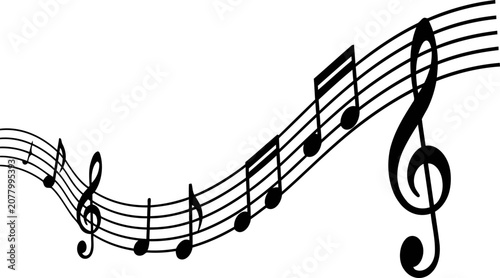 Treble clef and various musical notes arranged along a curved musical staff.