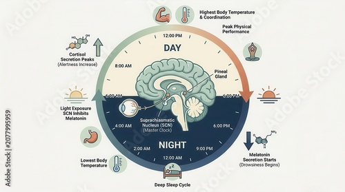 Circadian rhythm cycle infographic showing melatonin, cortisol peaks, and body temperature variations.