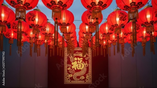 Vibrant Red Chinese Lanterns Illuminate Festive Celebration with Traditional Fu Character.