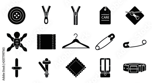 Foto Black sewing and tailoring accessory icon set.