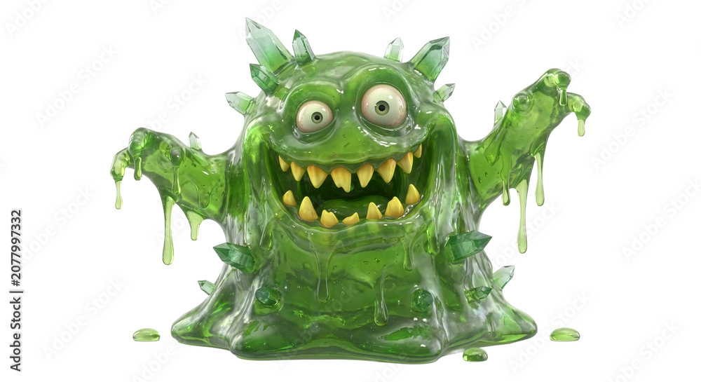 Fototapeta premium Green Slime Monster with Spikes and Toothy Grin Isolated on White Background