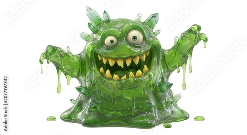 Green Slime Monster with Spikes and Toothy Grin Isolated on White Background
