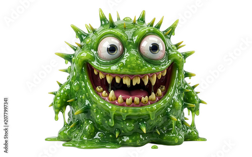 Green Slime Monster with Spikes and Toothy Grin Isolated on White Background