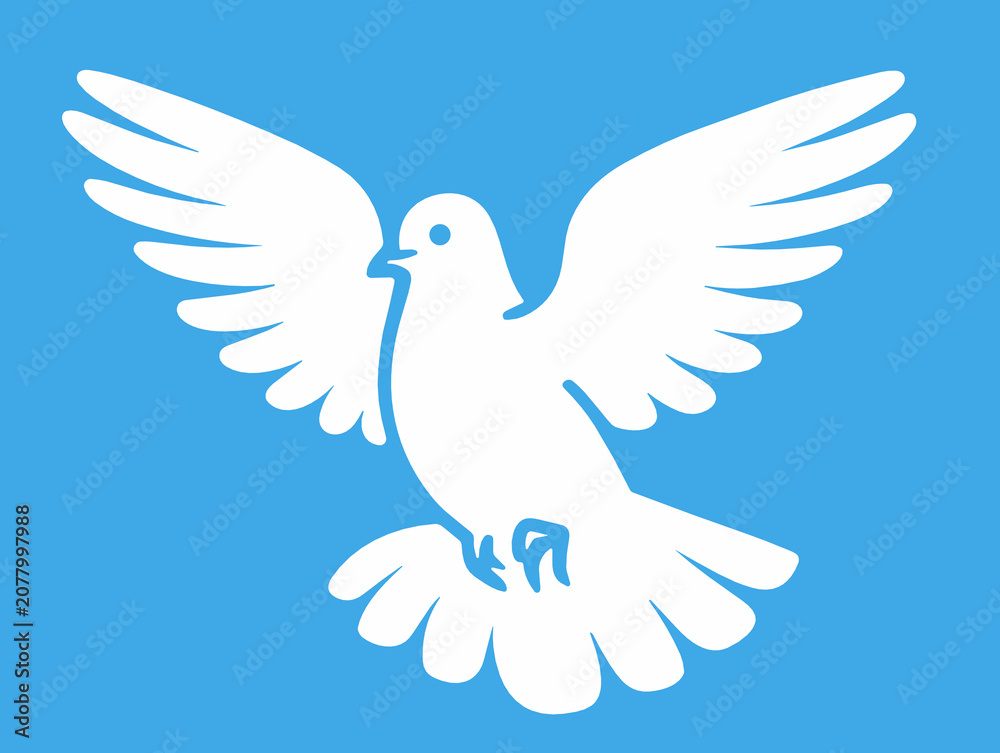 Fototapeta premium Detailed white dove with dramatically open wings and visible claws soaring on a blue background, a powerful symbol of peace, freedom and spiritual victory in vector art.