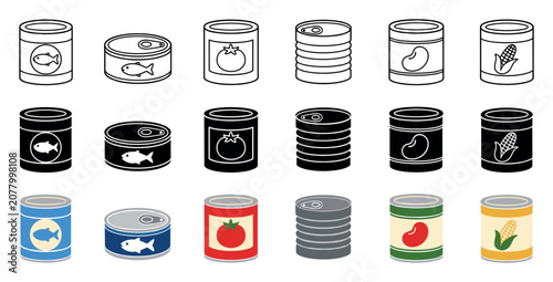 Canned food vector icons set with fish, tomato, beans, and corn shown in three different design styles including outline, solid black, and flat color