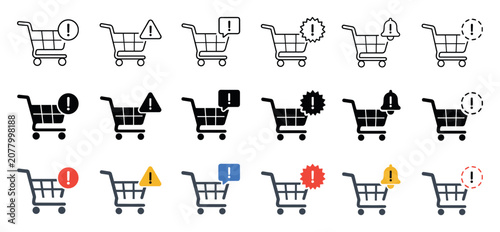 Shopping cart icons with warning alert symbols in outline, solid, and colored styles representing e-commerce errors, checkout issues, and online shopping notifications