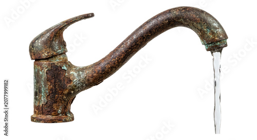 Rusted Metal Faucet Pouring Clear Water Isolated on White Background