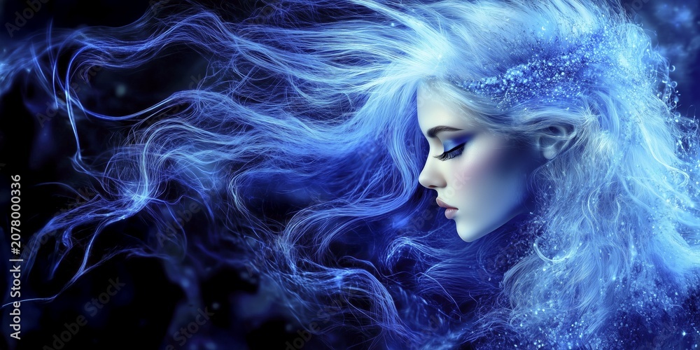 Fototapeta premium An artistic side portrait shows a woman with closed eyes and intensely blue, textured hair moving vividly through the room, the scene appears magical and dreamy, AI generated