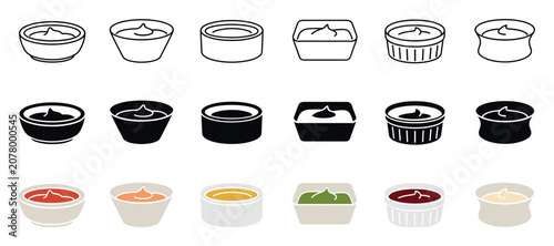 Sauce bowl icons in three different styles including outline, solid, and flat color designs for ketchup, mustard, mayonnaise, and dip condiments