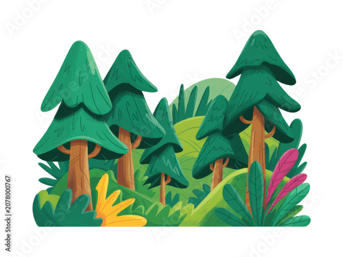 Pixel art forest scene with green pine trees