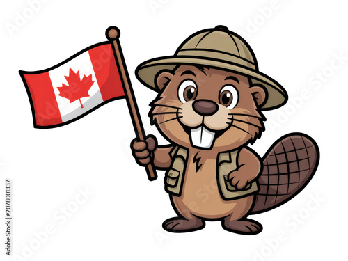 Cute beaver wearing a hat holding a canadian flag