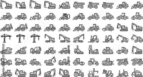 Heavy construction machinery vector icon set featuring line art style excavators dump trucks bulldozers cranes and industrial vehicles
