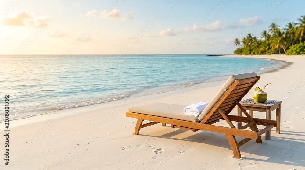 Fototapeta premium Wooden deck chair on a tropical white sand beach at sunset