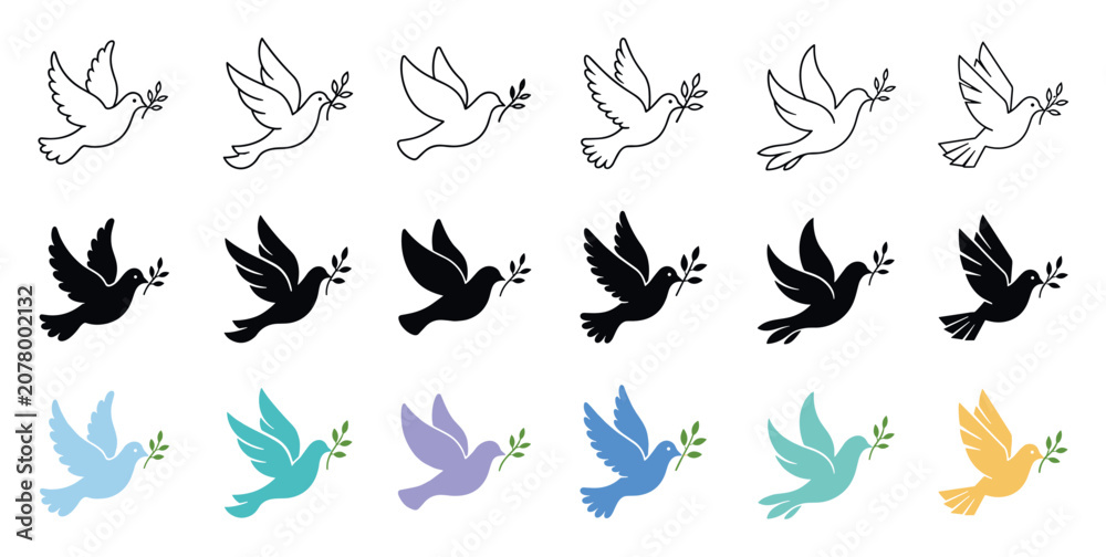 Fototapeta premium Flying peace dove icons with olive branch in three different styles including outline, solid black silhouette, and colorful flat design for hope and freedom concepts
