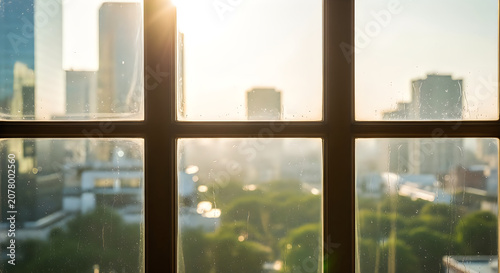 Modern building reflections in glass windows with urban greenery