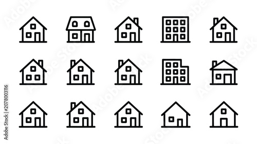 Foto Set of fifteen house and building outline icons featuring various residential structures and apartment complexes for architectural real estate design, vector