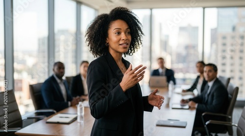 Successful businesswoman presenting corporate ideas and strategic growth plans in a professional boardroom setting.