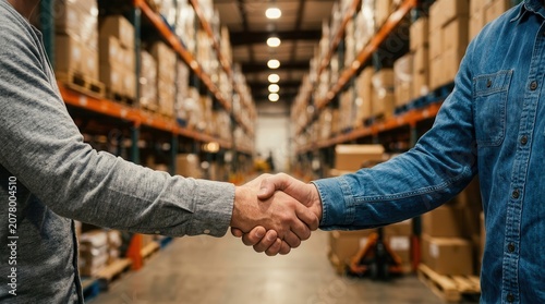 Negotiation and distribution concept showing two people shaking hands in a supply chain facility.