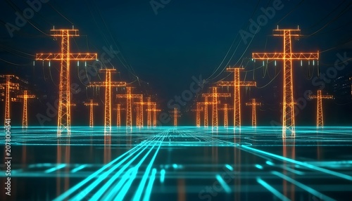 Abstract digital power grid with orange glowing transmission towers and lines.