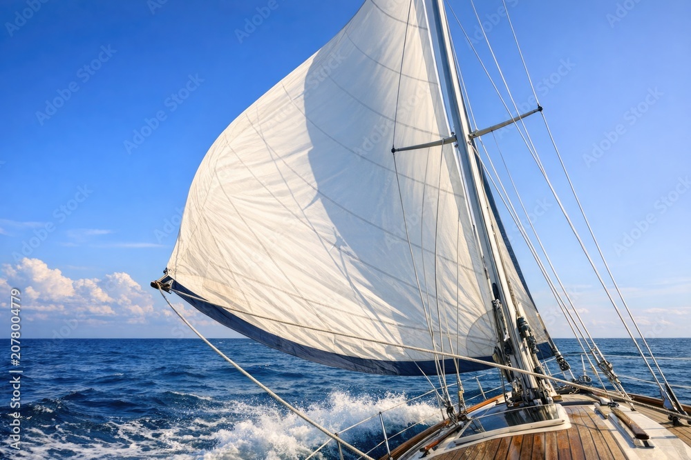 Fototapeta premium A sailboat with a white sail gliding across the water
