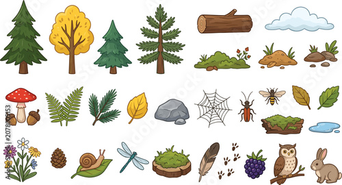 Foto Cartoon forest nature elements set, woodland plants and wild animals vector illu