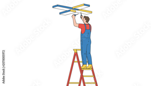 Professional technician or electrician on a stepladder installing and fixing fluorescent ceiling lights in a room.
