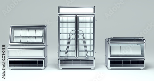 Set of different types of vintage style refrigerated display cases with blank goods. 3d illustration on white background