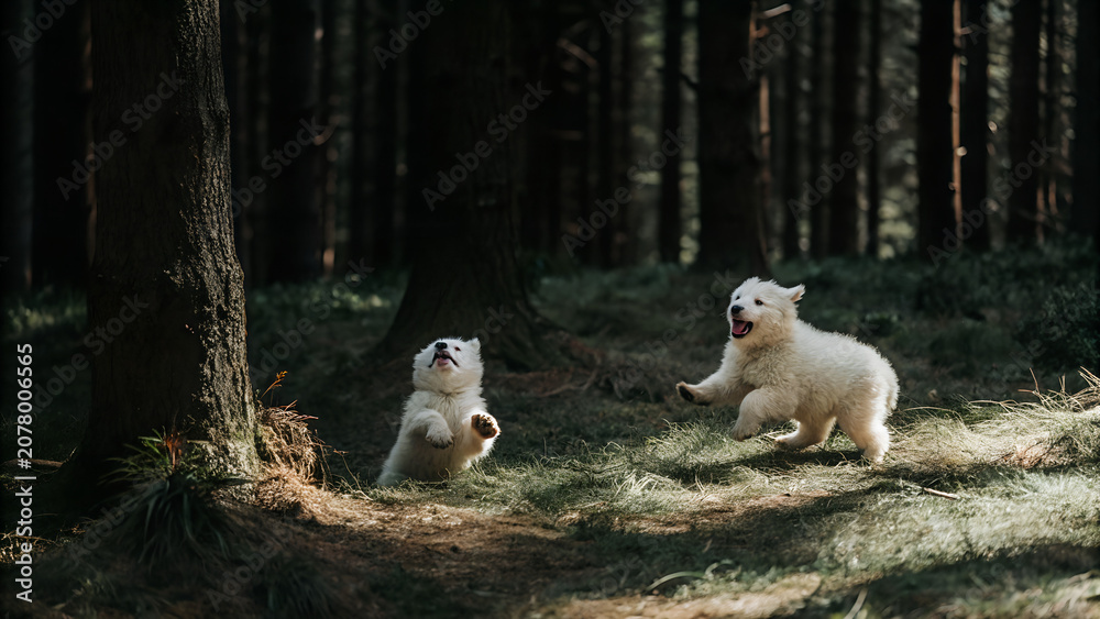 Fototapeta premium Two playful puppies running in a forest with tall trees 