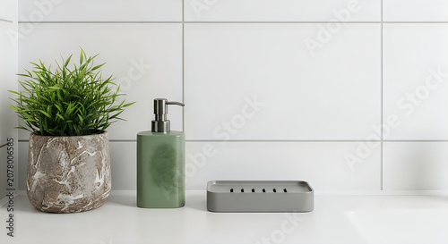 Modern bathroom accessories with small potted plant on white surface