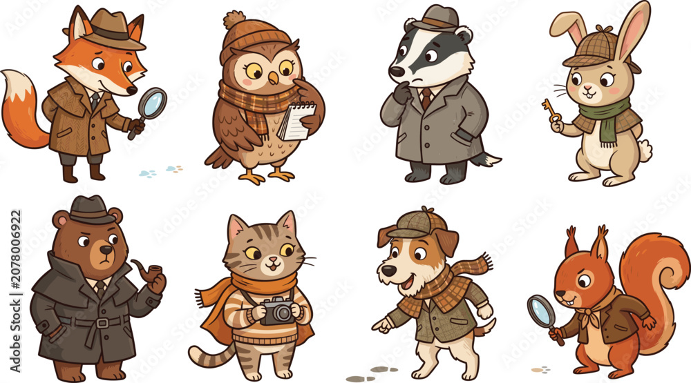 Fototapeta premium Cute cartoon detective animals vector set with fox, owl, bear, and dog
