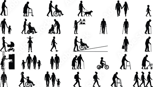 Foto People silhouette set vector illustration, disabled, elderly, family, wheelchair