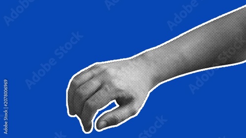 Halftone hand tapping fingers on blue screen background, expressing boredom or impatience. Retro pop art style, seamless loop suitable for chroma key compositing.