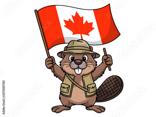 Cute beaver wearing a hat holding a canadian flag