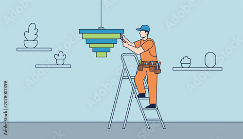 Professional electrician on a stepladder installing a modern colorful ceiling chandelier in a light blue room.