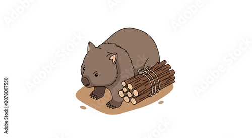Cute cartoon wombat with sticks and mushrooms illustration.