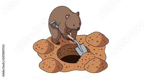 Cartoon wombat digging with a shovel in dirt.