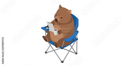 Brown bear sitting in a blue folding chair.