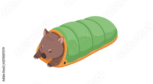 Cute wombat curled up in a green sleeping bag.