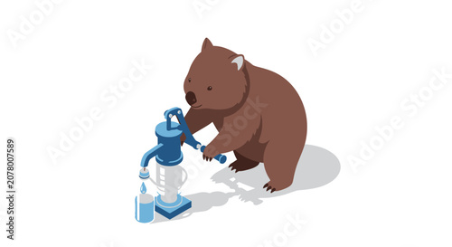 Brown bear interacting with a blue robot figure.